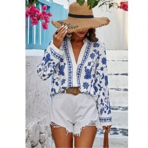 Boho floral print notched neck blouse